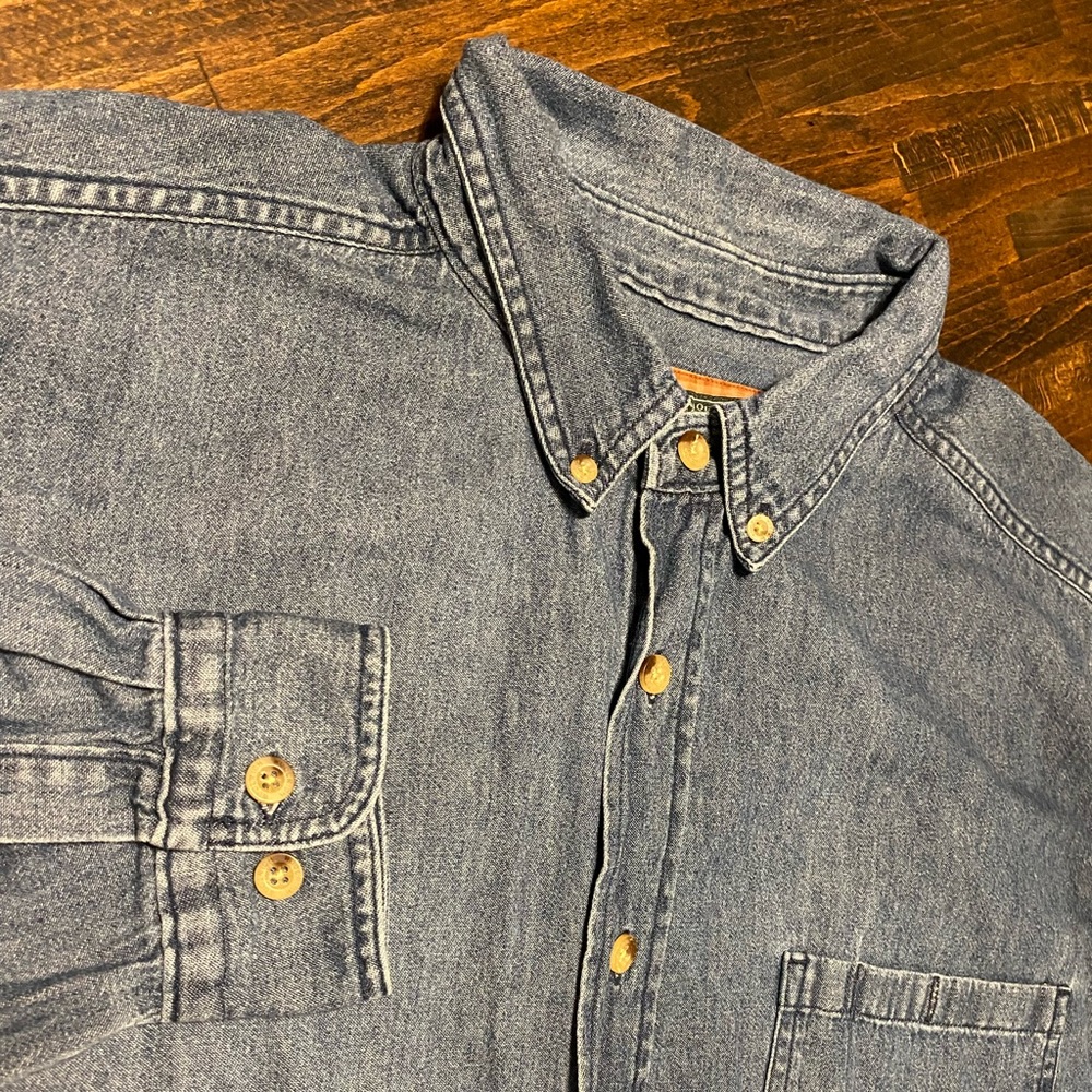 Woolrich Denim Chambray Long Sleeve Shirt Men’s XXL 2XL Blue Medium Wash Pocket